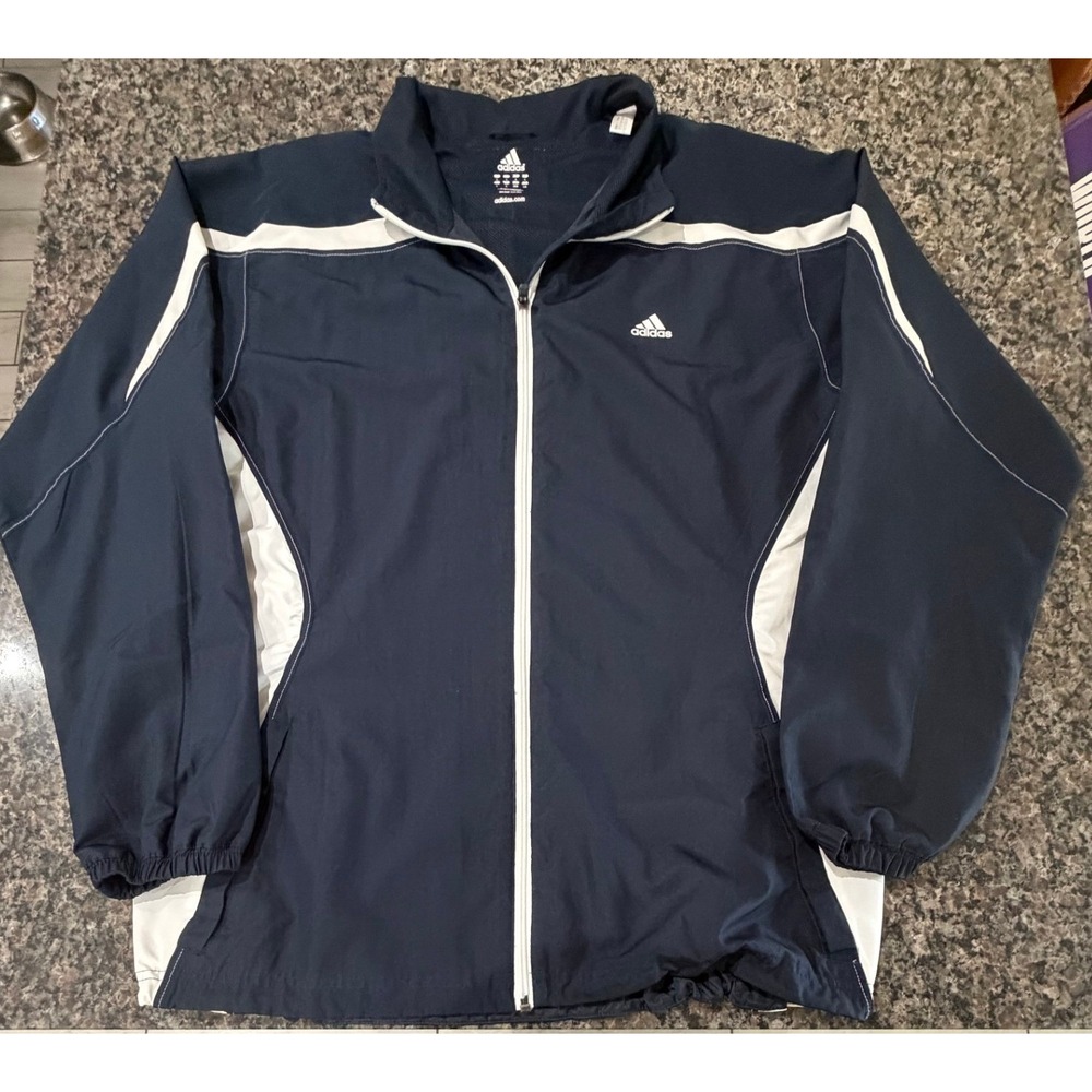 Adidas Mens Track Jacket Navy Blue White Full Zip Mesh Lined Windbreaker Large